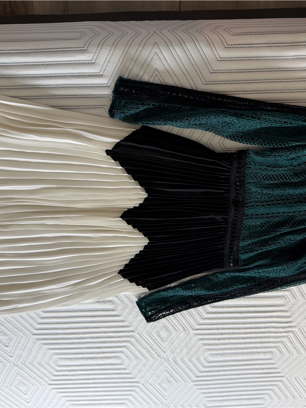 Self-Portrait Green Lace, Black & Cream Pleated Midi Dress